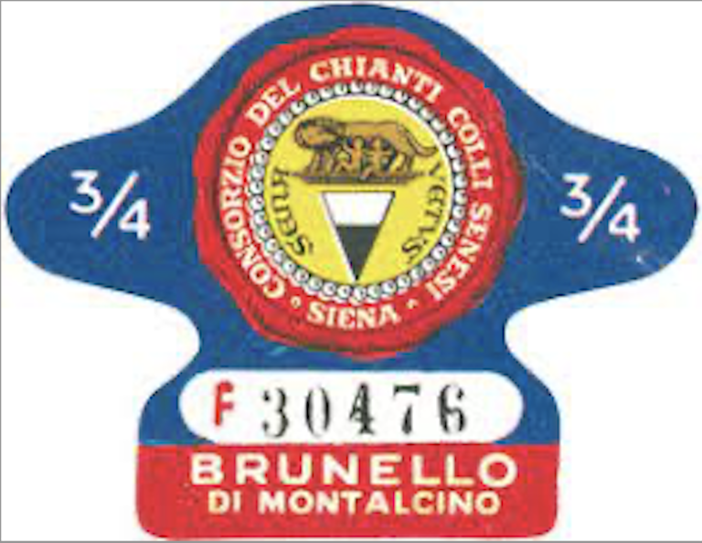 un rarissimo bollino numerato del Brunello di Montalcino quando era parte del Consorzio del Chianti.